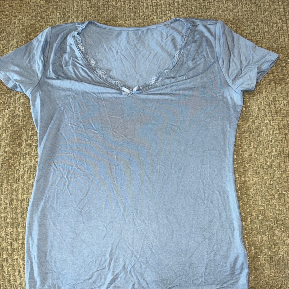Sky Blue Women's Short Sleeve Top with Lace Detail